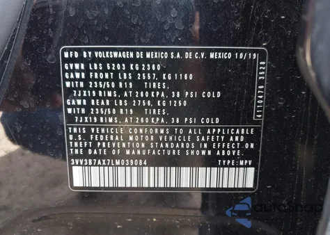 2020 Volkswagen Tiguan 2.0T Se/2.0T Se R-Line Black/2.0T Sel from USA, damaged, VIN 3VV3B7AX7LM039084